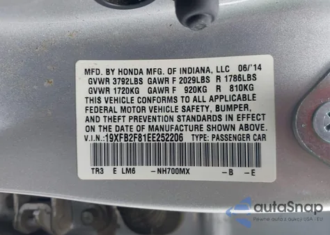 2014 Honda Civic Ex из США, поврежденный, VIN 19XFB2F81EE252206